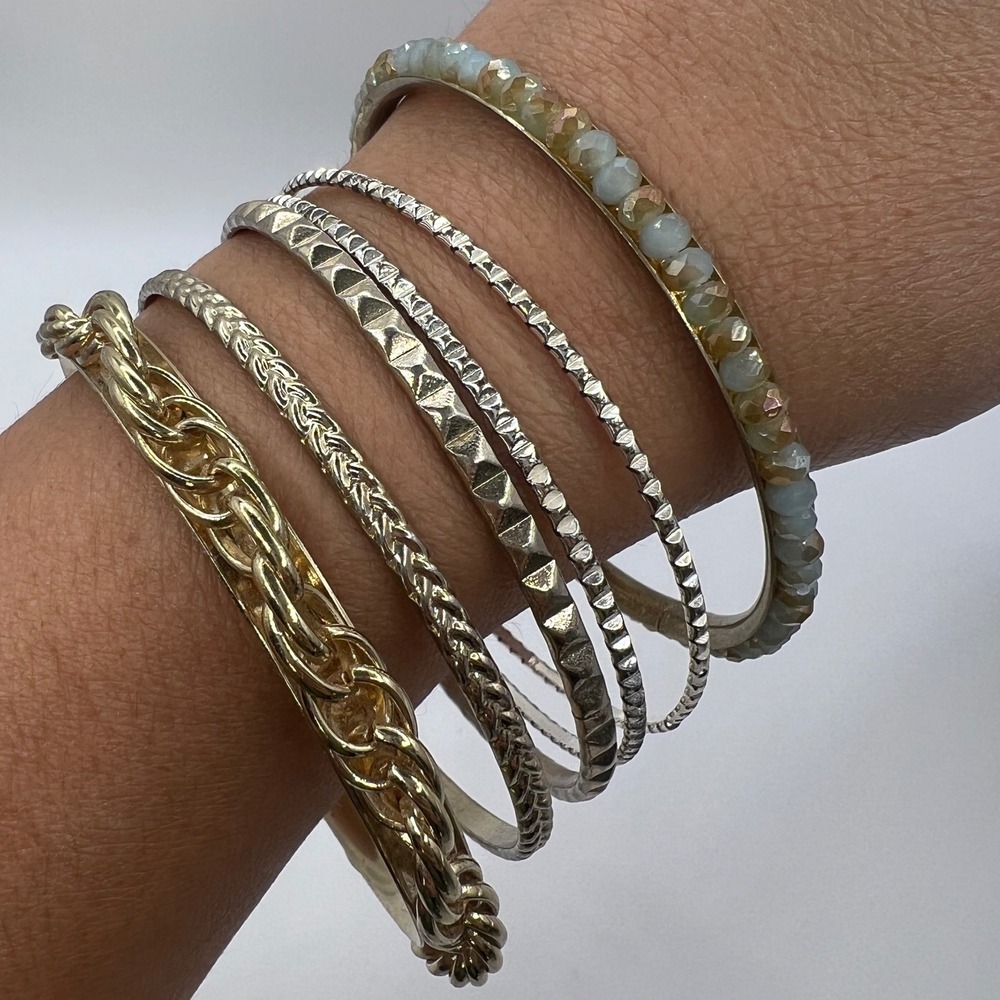Mixed Metal Bangle Bracelet Set 6pc Gold Silver Tone Beaded Studded Textured